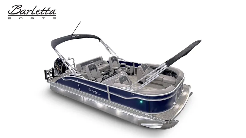 The Image of Barletta A22UC 2026: Sleek pontoon boat with blue accents and comfortable seating. - 1