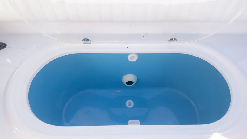 Slide: The Image of An oval, blue basin with a drain in a white boat. - 9