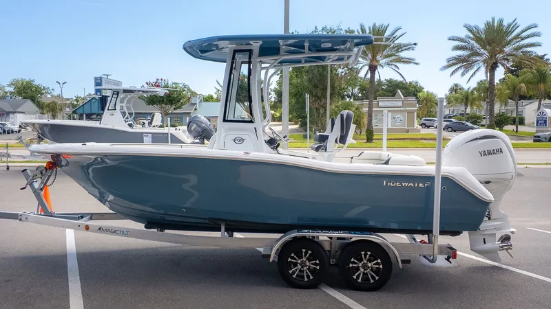 The Image of A 2027 Tidewater 210 LXF boat on a trailer in a parking lot, surrounded by palm trees. - 1