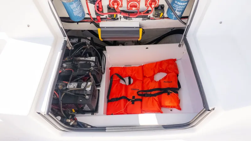Slide: The Image of An open storage compartment with batteries and life jackets on a boat. - 8