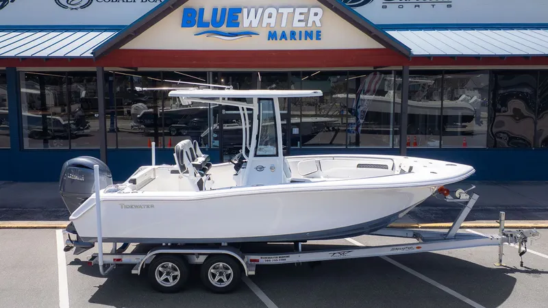 Slide: The Image of A Tidewater 220 CC Adventure boat on a trailer in front of a marine store. - 17