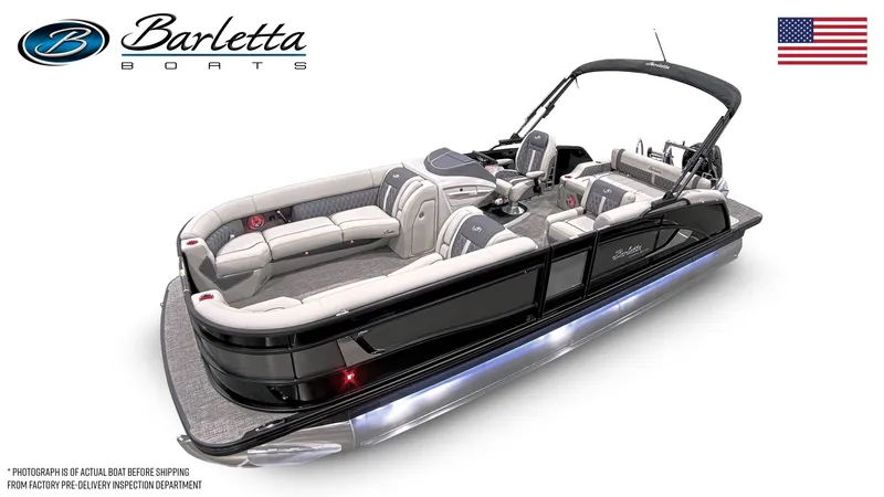 Slide: The Image of Barletta LUSSO 25U 2025: Luxurious pontoon boat with sleek seating and modern design. - 26