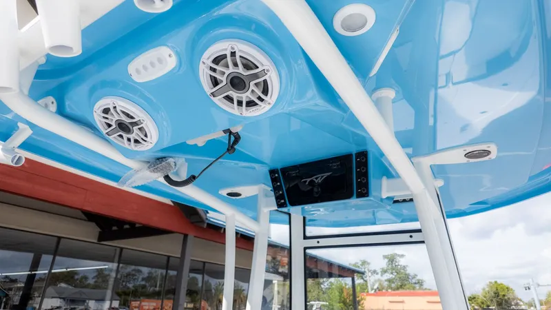 Slide: The Image of The image shows the blue roof of a Tidewater 2300 Carolina Bay boat with speakers and electronics. - 10