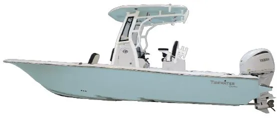 The Image of A modern Tidewater 2500 Carolina Bay boat with light blue hull color and a Yamaha outboard motor. - 1