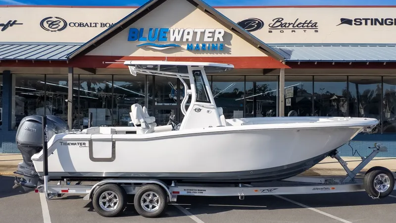 Slide: The Image of Tidewater 256 CC Adventure 2026 on a trailer in front of a boat dealership. - 26