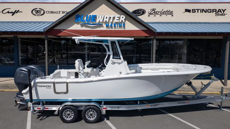 Slide: The Image of The image shows a white Tidewater 256 CC Adventure boat on a trailer in front of a boat dealership. - 22