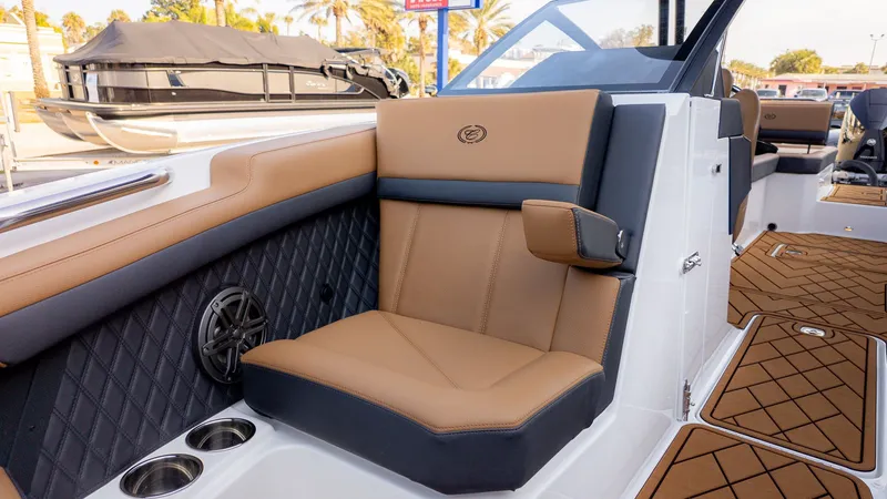 Slide: The Image of The image shows the interior of a 2026 Cobalt R6B boat with sleek seating. - 22