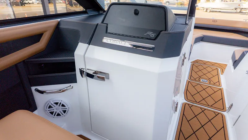 Slide: The Image of Interior of a Cobalt R6B boat with modern seating and sleek details. - 14