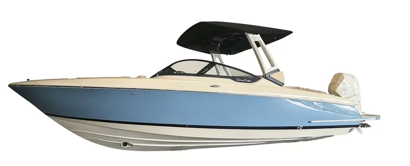 Slide: The Image of A sleek Chris-Craft Sportster 28 boat with a blue hull and black hardtop. - 28