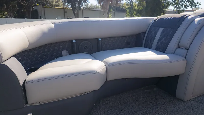 Slide: The Image of The 2024 Barletta Reserve Leggera 26MA features luxurious, cushioned seating with an elegant design. - 19