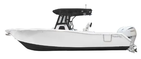 The Image of A modern white Tidewater 282 CC Adventure boat with a black roof and outboard motor. - 1