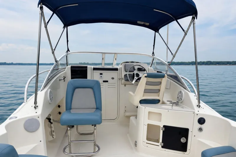 Slide: The Image of 2008 Scout 222 Abaco boat interior with blue seats and canopy on calm water. - 9