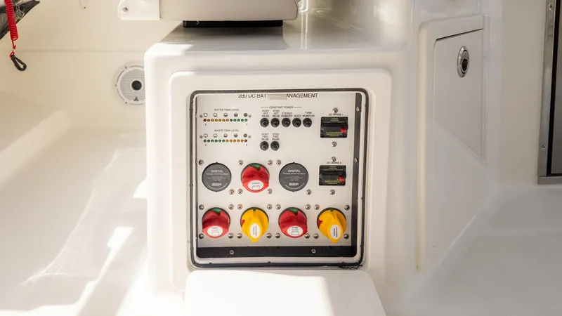 Slide: The Image of Electrical control panel on a boat with various switches and indicators. - 38