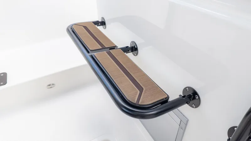 Slide: The Image of A modern boat step with wood-like finish and black metal frame. - 22