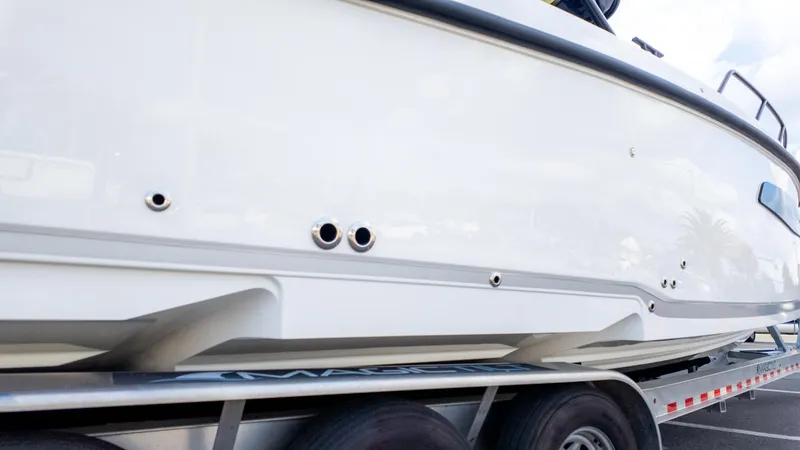 Slide: The Image of Close-up of a Navan S30 boat hull on a trailer. - 3