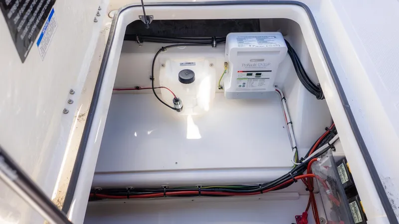 Slide: The Image of An open compartment with electrical components and wiring on a boat. - 13