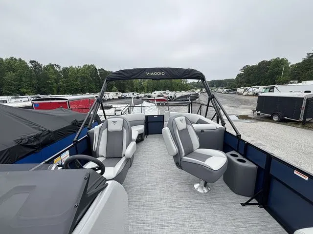 Slide: The Image of The image shows a Viaggio Lago V22U boat with gray seating and a black canopy. - 11