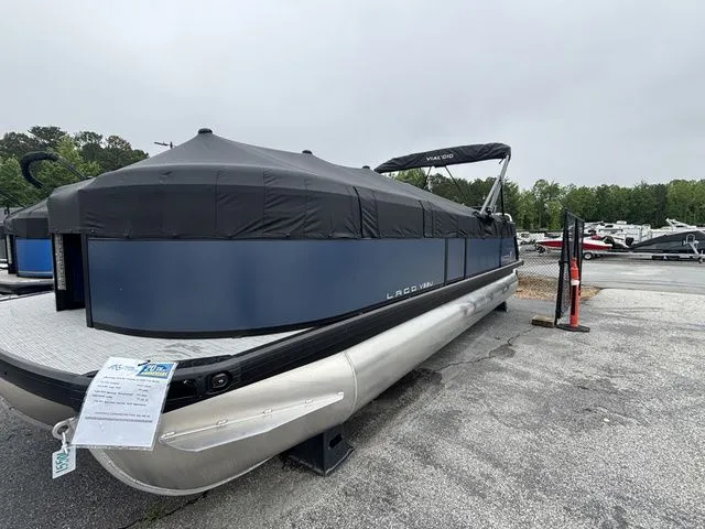 Slide: The Image of A Viaggio Lago V22U pontoon boat with a Mercury 150HP 4-stroke engine cover. - 5