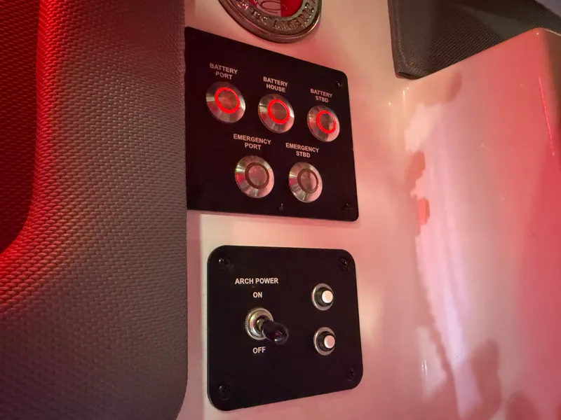 Slide: The Image of A control panel with battery and emergency switches, illuminated by red light. - 42