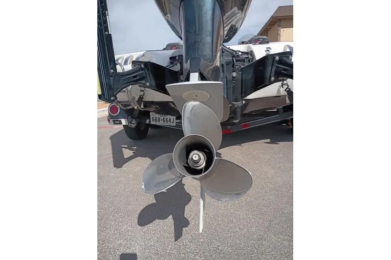 Slide: The Image of 2017 Ranger Z521 Comanche Cup-Equipped boat propeller close-up on trailer. - 4