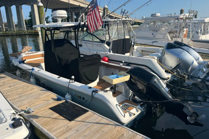 The Image of 2019 Sea Hunt Ultra 234 boat docked with American flag and Yamaha outboard motor. - 0