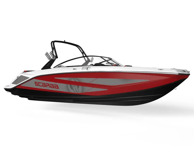Slide: The Image of Scarab 255 LX Wake 2026: Sleek design, red and black color scheme, ideal for water sports. - 3