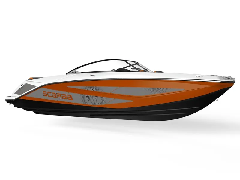 Slide: The Image of 2026 Scarab 255 LX in white and orange with sleek design. - 2