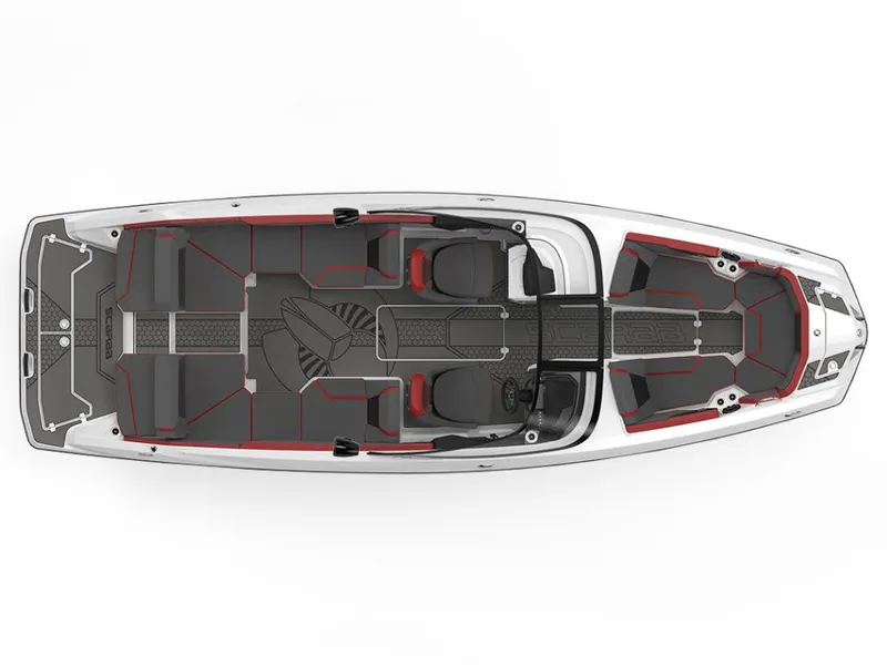 Slide: The Image of Top view of a modern boat with sleek design, red accents, and multiple seating areas. - 5