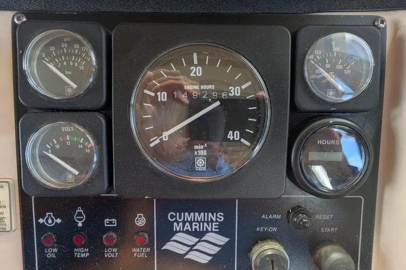 Slide: The Image of Instrument panel of a 1998 Nordic Tug 32 with Cummins Marine gauges. - 28