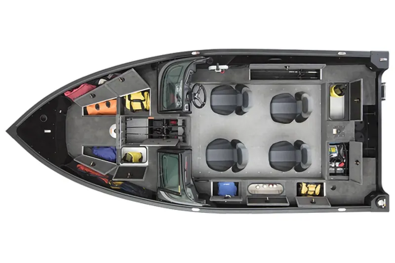 Slide: The Image of Top view of an Alumacraft Competitor Shadow 175 Sport boat with multiple seats and storage compartments. - 28