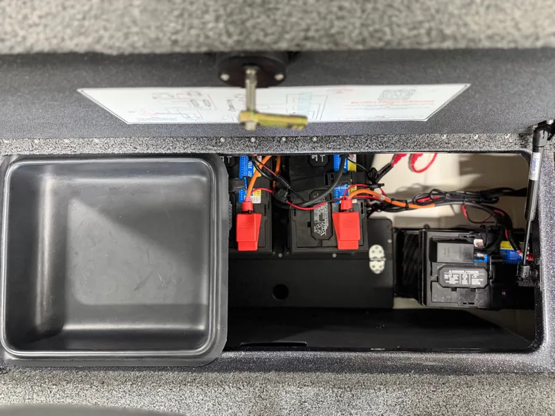 Slide: The Image of View of a 2024 Nitro Z20 Pro boat's battery compartment with wiring and fuses. - 31