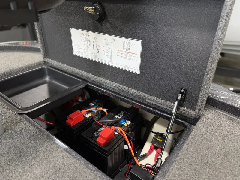 Slide: The Image of View of a 2024 Nitro Z20 Pro boat's battery compartment with two batteries. - 30