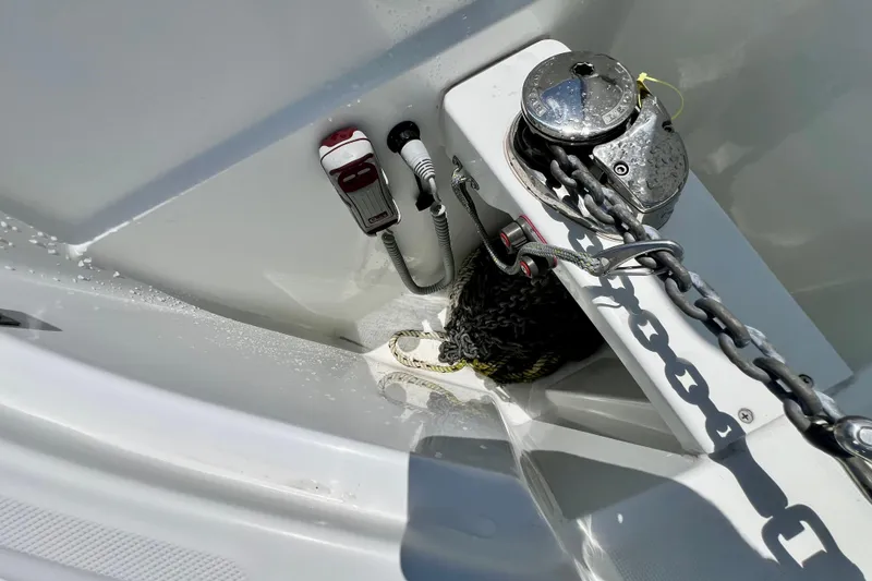 Slide: The Image of Anchor chain mechanism on 2023 Beneteau Antares 8 boat deck. - 23
