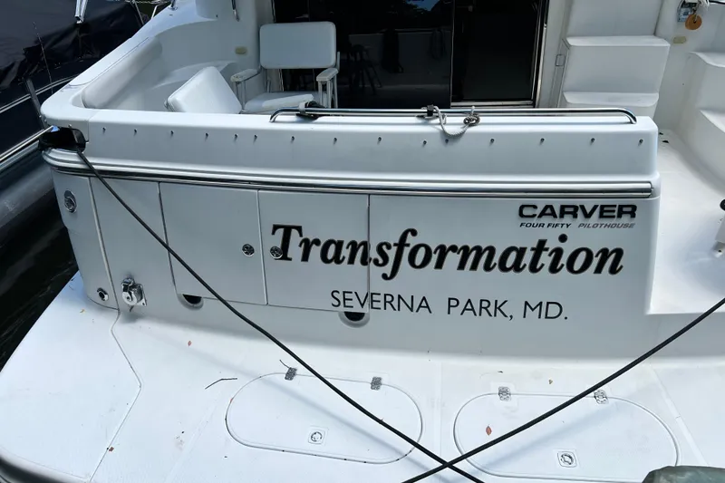 Slide: The Image of 2003 Carver 450 Voyager Pilothouse boat named "Transformation" docked in Severna Park, MD. - 7