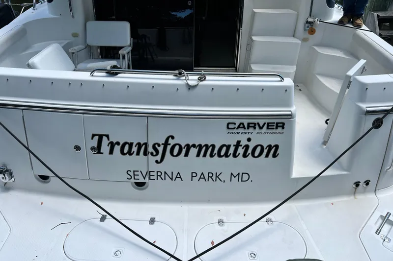 Slide: The Image of 2003 Carver 450 Voyager Pilothouse boat named "Transformation" docked in Severna Park, MD. - 6