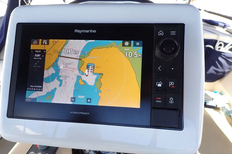 Slide: The Image of Raymarine navigation display on 2006 Island Packet 440 sailboat, showing map and speed data. - 31