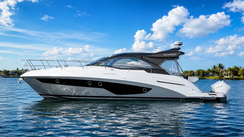 The Image of A 2022 Schaefer 400 yacht on calm water under a blue sky. - 0