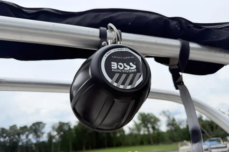 Slide: The Image of Boss Audio Systems speaker on 2007 Sea Ray 260 Sundeck boat, mounted on metal frame. - 21