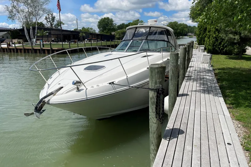 The Image of 2011 Sea Ray Sundancer 370 docked on a sunny day, surrounded by lush greenery. - 0