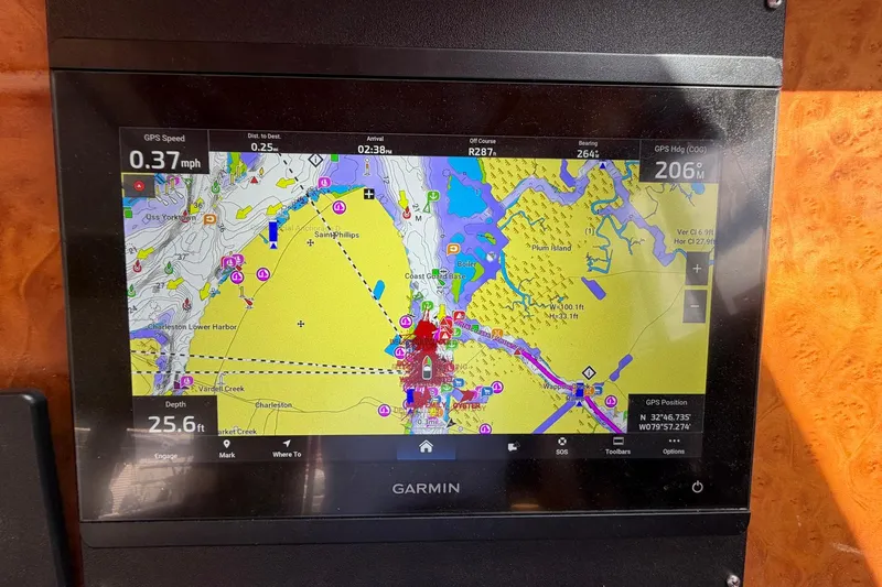 Slide: The Image of Garmin GPS display on 2005 Ocean Alexander 48 Altus, showing nautical navigation map. - 71