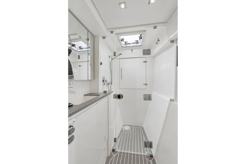 Slide: The Image of Modern bathroom interior on 2021 Leopard 43 Powercat yacht, featuring sleek design and fixtures. - 38
