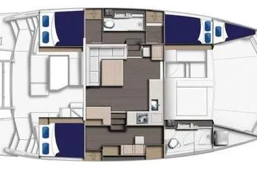Slide: The Image of 2021 Leopard 43 Powercat interior layout with cabins, bathrooms, and living area. - 5