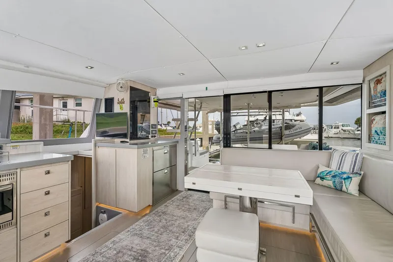 Slide: The Image of Modern interior of 2021 Leopard 43 Powercat yacht with sleek kitchen and cozy seating area. - 24