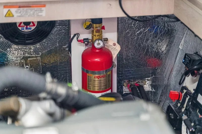 Slide: The Image of Engine room of 2021 Leopard 43 Powercat with fire extinguisher and insulation. - 55