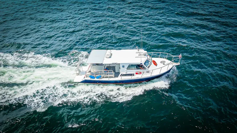 Slide: The Image of A 2019 Newton 36' Dive Special boat cruising on the open sea. - 6