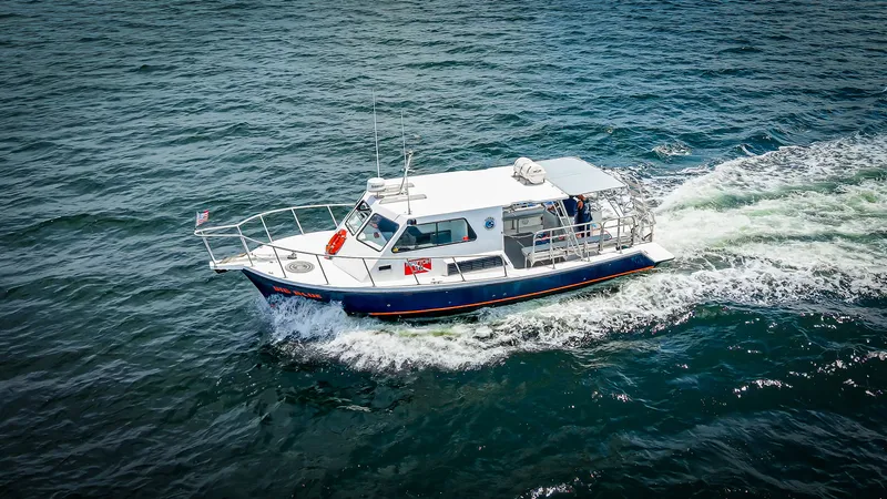Slide: The Image of Newton 36' Dive Special from 2019 on the water, featuring a spacious deck and safety equipment. - 7