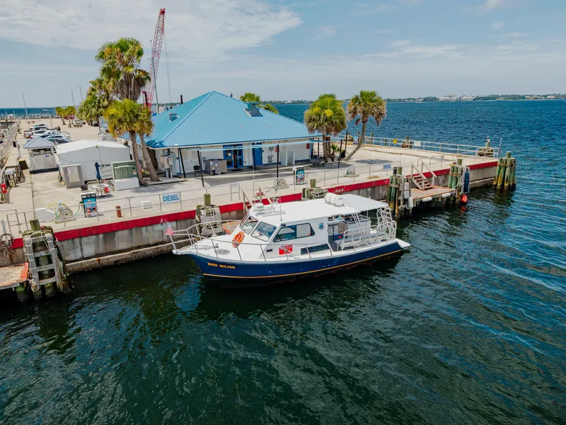 Slide: The Image of A 2019 Newton 36' Dive Special is docked, surrounded by water and a building. - 43
