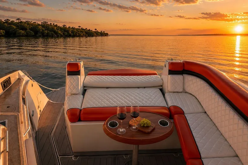 Slide: The Image of 2012 Rinker 310 Express Cruiser LE at sunset, featuring luxurious seating and a table with wine. - 2
