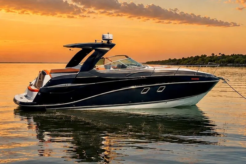 The Image of 2012 Rinker 310 Express Cruiser LE on serene water at sunset. - 1