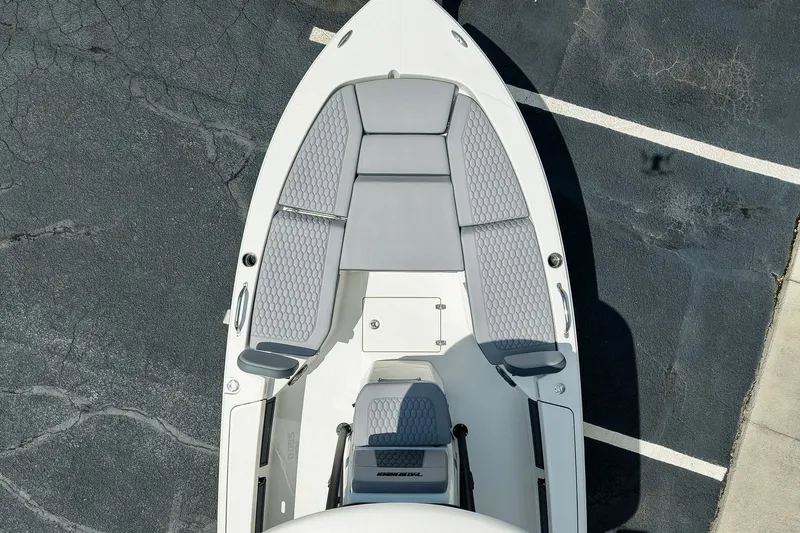 Slide: The Image of Overhead view of 2027 Pathfinder 2200 TRS boat with gray seating and sleek design. - 25